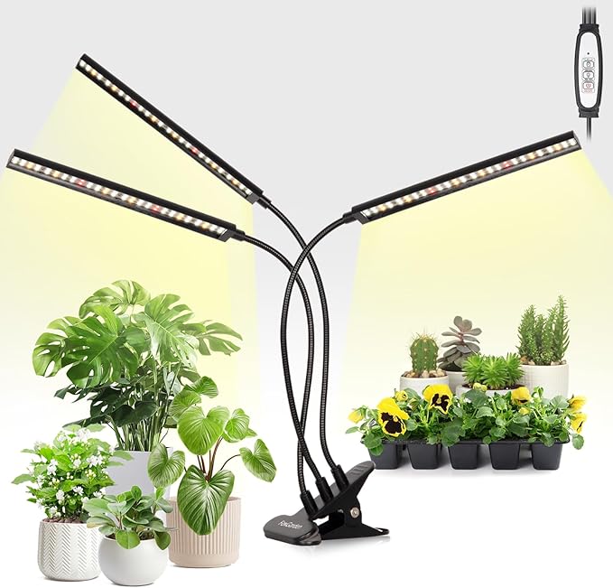 FOXGARDEN Grow Lights Full Spectrum, Tri-Head Plant Lights for Indoor Growing with Flexible Gooseneck, 156 LEDs Clip Grow Lamp with 4/8/12H Timer, 4 Brightness Levels, Ideal for Indoor Growth