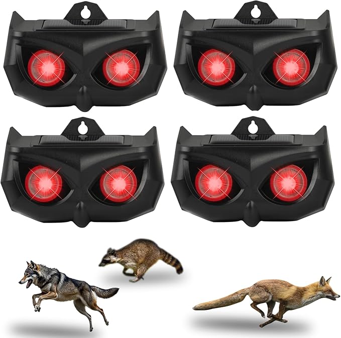 4 Pack Solar Animal Repellent Outdoor, Waterproof Predator Lights with Flashing Red LEDs, Effective Deer, Raccoon, Skunk, Coyote, Fox & Cat Deterrent for Yard, Garden, Farm & Chicken Coop