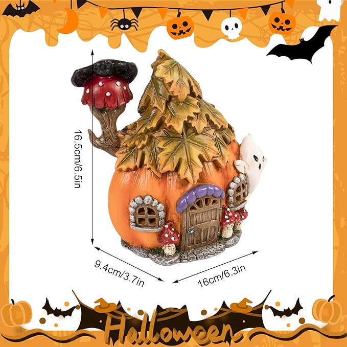Colorful Light Up Halloween Village, 6.5"H Spooky Miniature Haunted House Decor, Resin Ghost Pumpkin Figurine Outdoor Fall Fairy Garden Statue, Indoor Tabletop Desk Mantel Decoration for Home