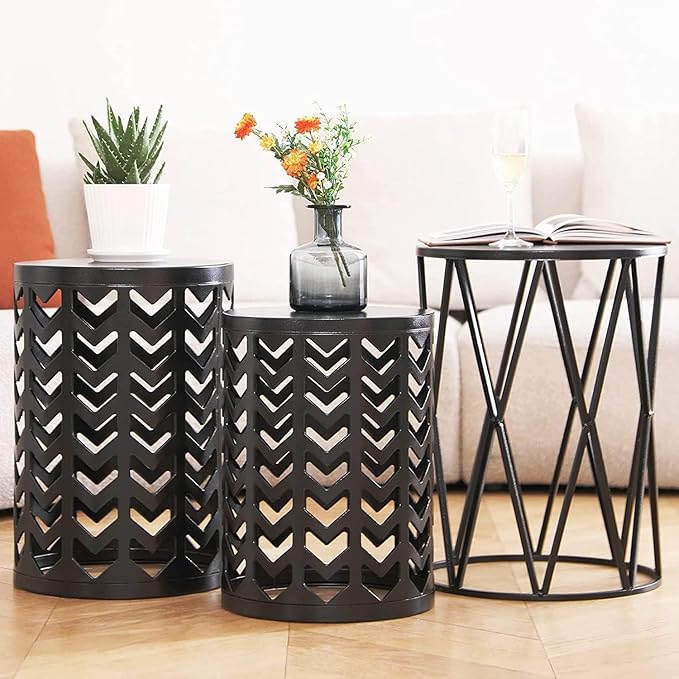 Y&M Set of 3 Stacking Coffee Tables for Living Room End Tables, Nesting Side Table, Outdoor Decorative Garden Stool with Heavy Duty Modern Industrial Decor - Black (Ship from US)