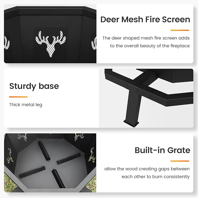 BOINN 35 Inch Octagonal Outdoor Fire Pit,Fire Pits for Outside Wood Burning Fire Pit,Firepit,Firepits for Outside,Camping,Backyard,Patio,Bonfire,Garden,Porch,Black