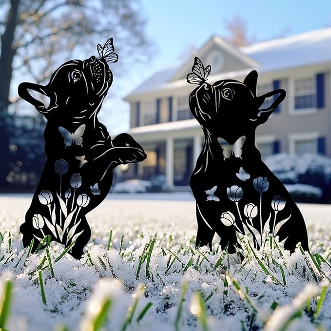 Metal Dog Garden Decor for Outside, French Bulldog Gift for Dog Lovers, Rust Proof Metal Black Silhouette Decorative Garden Stakes for Yard, Patio, Lawn Decorations, Outdoor Decor Yard Art