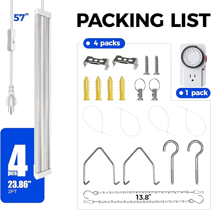 Barrina TX36 2FT Grow Light, 144W(4 x 36W, 800W Equivalent), High PPFD, Full Spectrum, Mechanical Timer, Hanging Plant Lights for Indoor Growing, Seedlings with On/Off Switch, Linkable, 4 Packs
