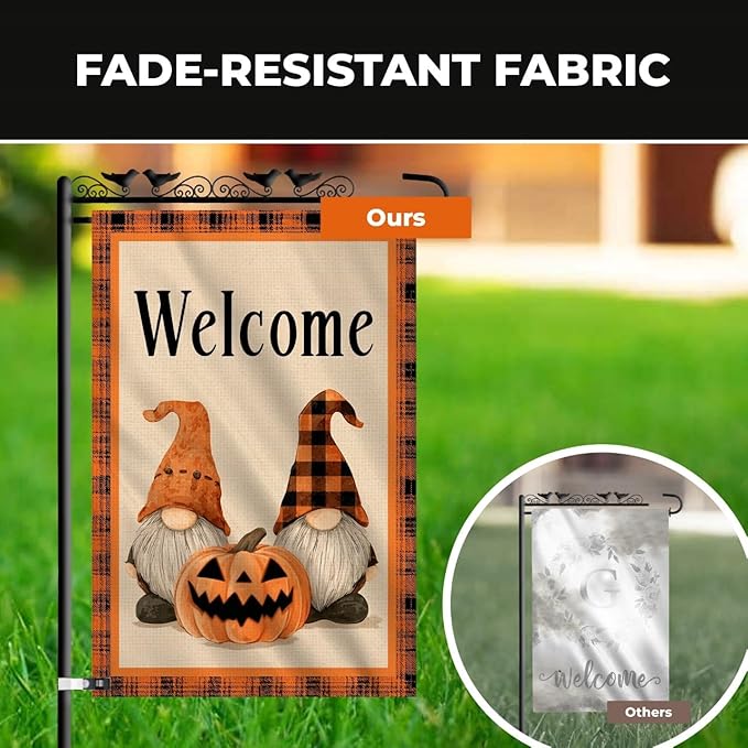 Welcome Halloween Garden Flag with Gnome and Pumpkin – 12x18 Double Sided Burlap Halloween Flag for Outside – Fall Yard Decor for Garden or Porch