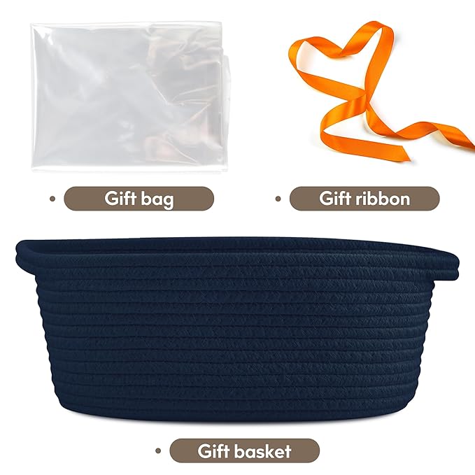 Pro Goleem Small Woven Basket with Gift Bags and Ribbons Durable Baskets for Gifts Empty Small Rope Basket for Storage 12"X 8" X 5" Baby Toy Baskets with Handles, Navy Blue
