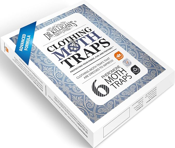 Dr. Killigan's Premium Double Potent Clothing Moth Traps with Pheromones Prime | Organic Clothes Moths Trap with Lure for Closets & Carpet | Case Making Moth Treatment & Prevention (6 Pack, White)