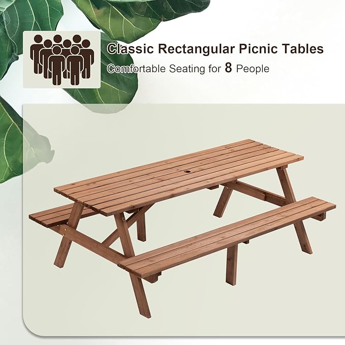 Outdoor Wooden Picnic Table with Benches and Umbrella Hole, Rustic Style Lifetime Picnic Table Bench Set for 6 or 8 Person for Backyard, Porch, Patio, and Deck, Brown