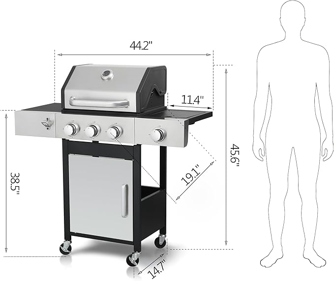 3-Burner Propane Gas Grill with Side Burner, 25,650 BTU Outdoor BBQ Grill with Stainless Steel Warming Rack, Enameled Cooking Grids, Built-in Thermometer & Foldable Side Tables with 6" Wheels
