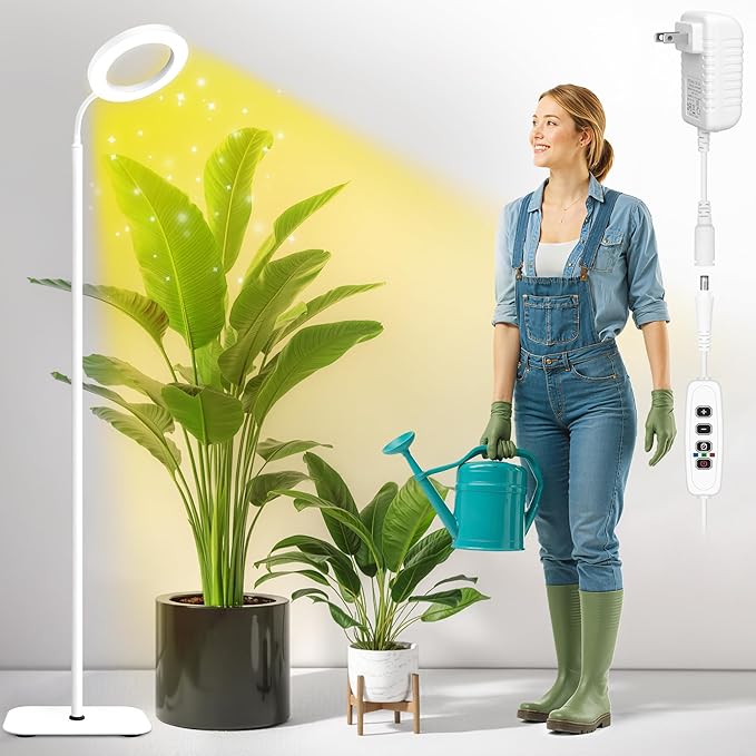 Grow Lights for Indoor Plants,Floor Lamp with 63IN Stand,Full Spectrum,10 Dimming,Halo Ring Warm Light, 3/9/12H Timer,Height Adjustable,Metal Stable Base Growing Light for Tall Small Plant