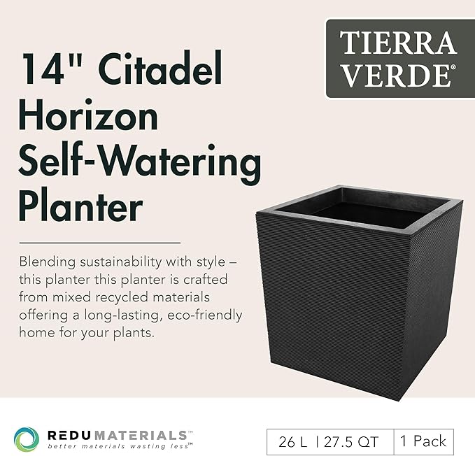 Tierra Verde Indoor & Outdoor Self-Watering Square Planter, Citadel Horizon, 13.5" x 14", Black - Planting Containers for Plants and Flowers - Gardening and Landscaping Accessories