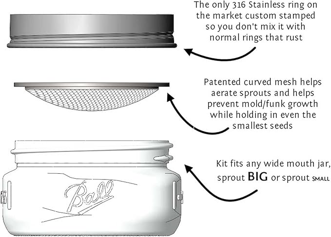 Complete Sprouting Jar Lid Kit With Seeds | Includes Wide Mouth Quart Jar, 316 Stainless Sprouting Ring With Mesh Strainer, Sprouting Stand, And Handy Pantry Sprouting Seeds