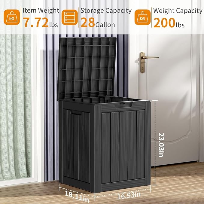 28 Gallon Deck Box,Resin Outdoor Storage Box with Lockable for Patio Furniture, Pool Accessories, Garden Tools Waterproof Outside Storage Box, Black