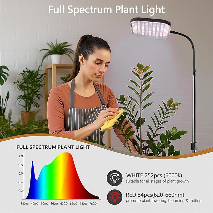 Square Grow Light for Indoor Plants, 336 LEDs 6000K Full Spectrum 12V 3A High Power Floor Plant Light with Stand for Indoor Large Tall Plants Faster Growing, 4/8/12H Timer & Height Adjustable 16-29"