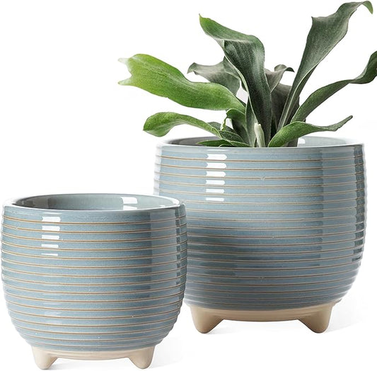 LE TAUCI Ceramic Plant Pots, 5.1 + 6.4 Inch Footed Pots for Plants, Modern Flower Pots for Home and Office, Indoor Planters with Drainage, Reactive Glaze Gray