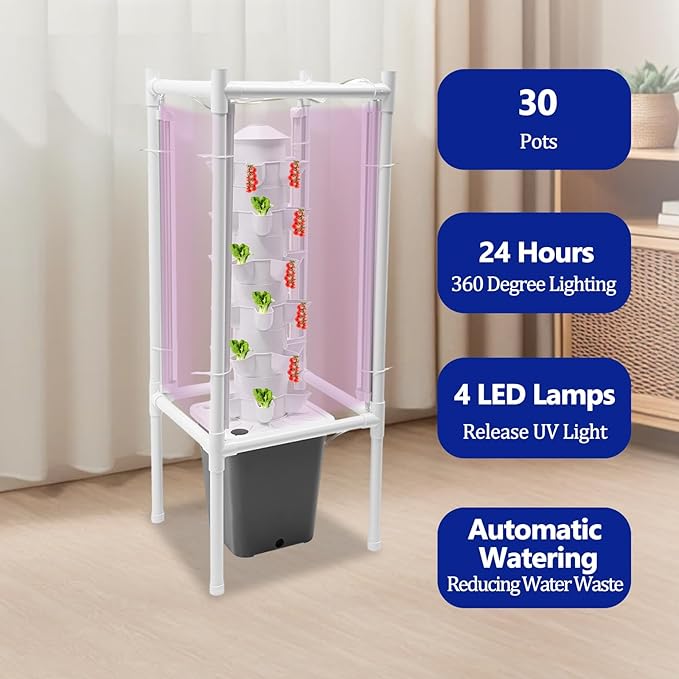 Hydroponic Growing System, Planter Germination Tower with Pump, 30 Pods Indoor Gardening Vertical Garden Planter Indoor Smart Garden Kit for Gardening Lover Herbs,Fruits (Grey)