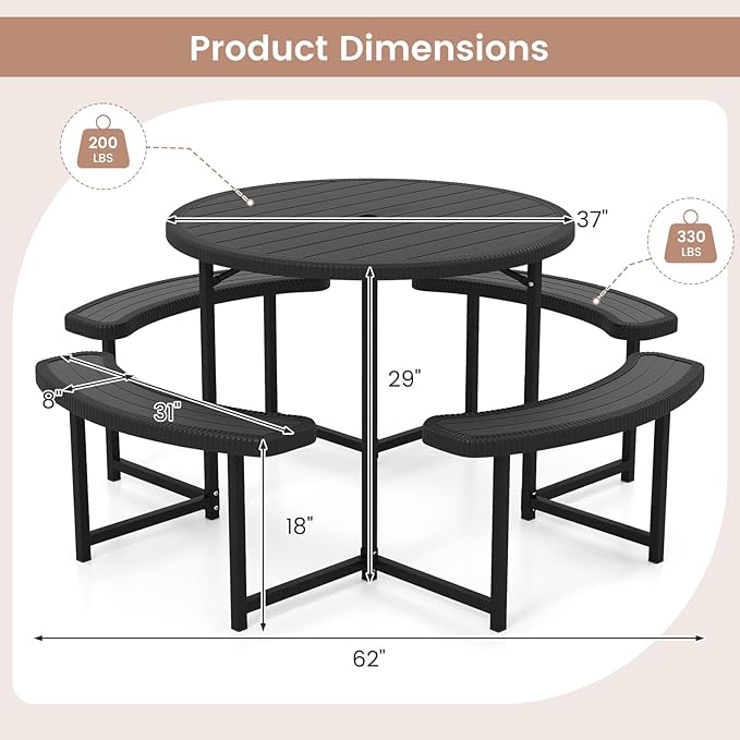 Tangkula 8 Person Picnic Table, HDPE Outdoor Round Table and Bench Set with 4 Built-in Benches, Umbrella Hole, Metal Frame for Garden Yard Patio Lawn