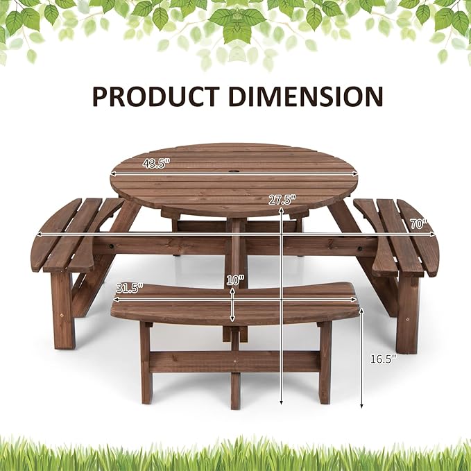 Tangkula 8 Person Wood Picnic Table, Outdoor Round Picnic Table with 4 Built-in Benches, Umbrella Hole, Outside Table and Bench Set for Garden, Backyard, Porch, Patio, 500lbs Capacity Per Bench