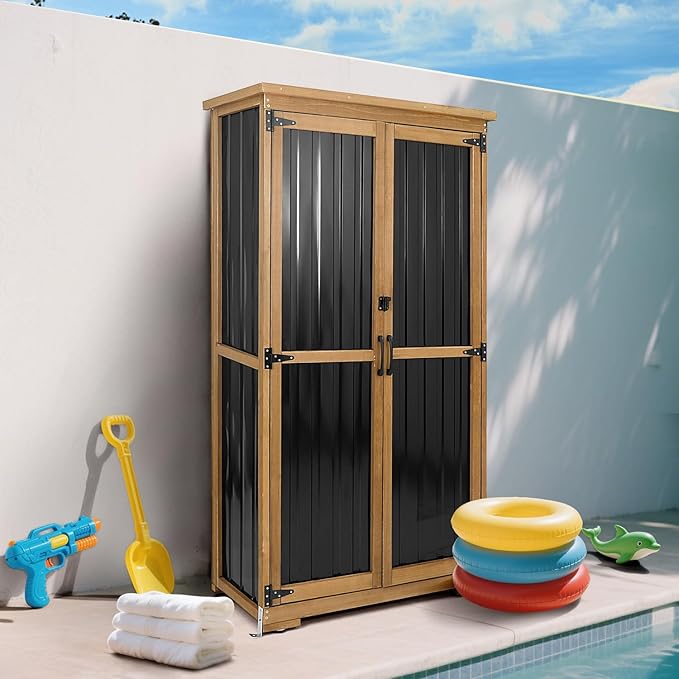 Outdoor Storage Cabinet Waterproof with Shelves, Outside Cabinets Weatherproof, Patio Backyard Pool Garden Garage Storage Cabinet Storage Shed Tool Organizer