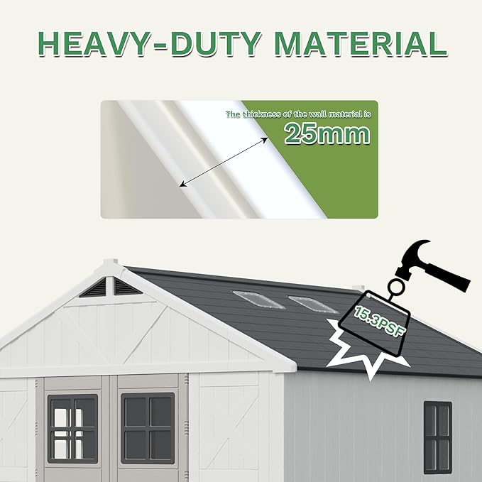 Greesum 10×10 FT Plastic Outdoor Storage Shed with Floor and Lockable Door, Resin Sheds with Windows and Skylights, Weather Resistant Organization for Garden, Lawn, Pool Supplies, Beige