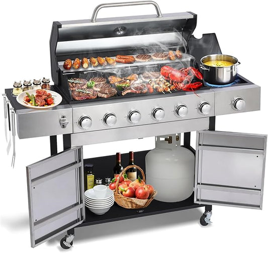 6-Burner Propane Gas BBQ Grill, 2 in 1 Propane Griddle Grill Combo with Porcelain-Enameled Cast Iron Grates & Plate, 65800 BTU with Side Stove for Outdoor Cooking Camping Patio Backyard(6+1 burner)