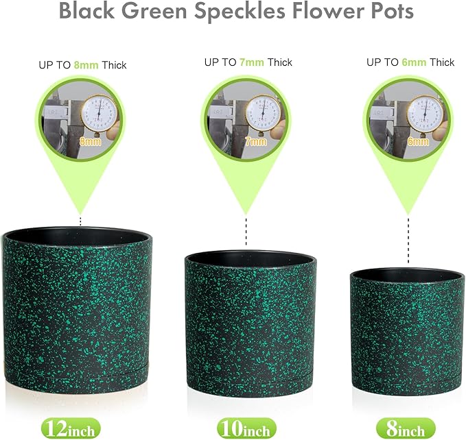 12/10/8 inch Large Deep Plant Pots for Outdoor Indoor Plants, 3 Pack Tall Cylinder Flower Pots, Plastic Planters with Drainage Holes and Saucers for Garden House, Black with Green Speckles