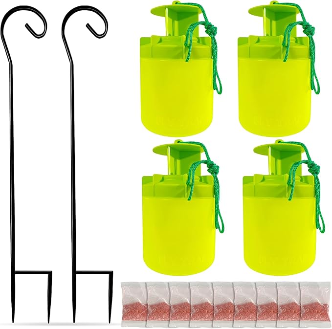 4 Pack Reusable Outdoor Fly Trap with Shepherd Hooks, Non-Toxic Bait for Farm, Garden, Patio. Hanging Flies Killer Catcher, Outside Weather Resistant Bug Control