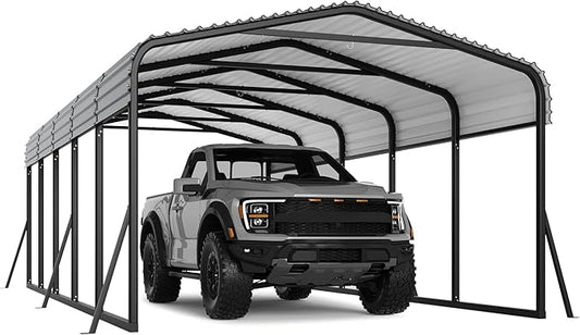 12x24FT Metal Carport Kits with Galvanized Steel Roof, Heavy Duty Metal Roof Carport with Enhanced Base, Tall MetalCarport Kits Garage for Tractors, Pickup, Boat, Car