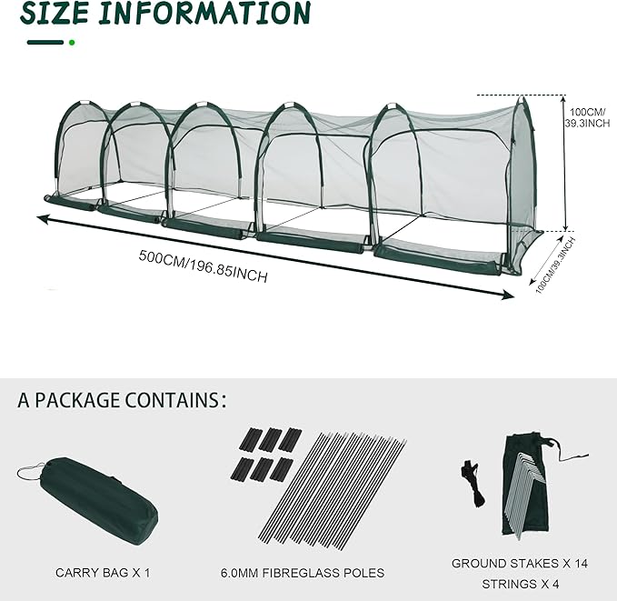 Flexible Net Grow Tunnel - Garden Greenhouse Mesh Cover Growhouse Cloche for Protecting Fruit Vegetables Plants Cultivation (5M)