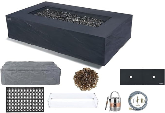 Elementi+ | Bundle Cape Town Gas Fire Pit Cast Concrete 56" Rectangular Fire Table, Outdoor Fire Pit Electronic Ignition | Canvas Cover, Fire Glass and Burner Lid Included | Dark Gray | Natural Gas
