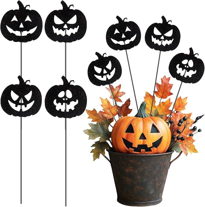 Chunful 4 Pcs Halloween Decorative Garden Stakes Jack O Pumpkin Garden Stakes for Flower Planter Pot Outdoor Metal Yard Sign Day of The Dead Decorations Halloween Patio Lawn Decor