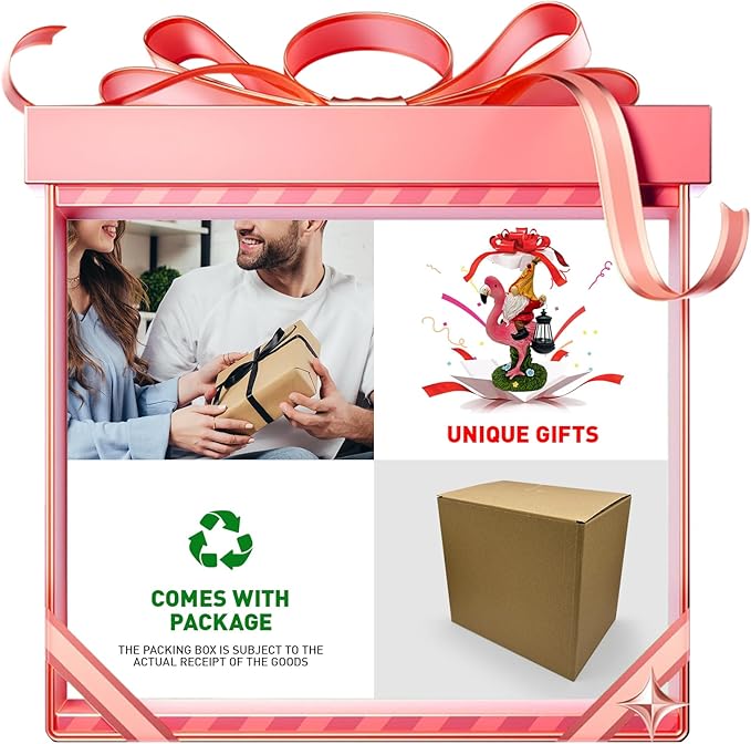 Gnomes Flamingo with Solar Lantern, Whimsical Decor for Garden, Yard, Patio, Lawn, LED Lights - Unique Gift for Women, Mom, Friends(Red Gnomes)