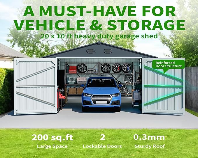 20 x 10 FT Outdoor Storage Shed, Large Metal Garden Shed with 2 Lockable Doors, Tool Shed Outdoor Storage with 4 Air Vents, Garage Shed Waterproof for Car, Truck, Bike, Garbage Can, Tool, Dark Gray