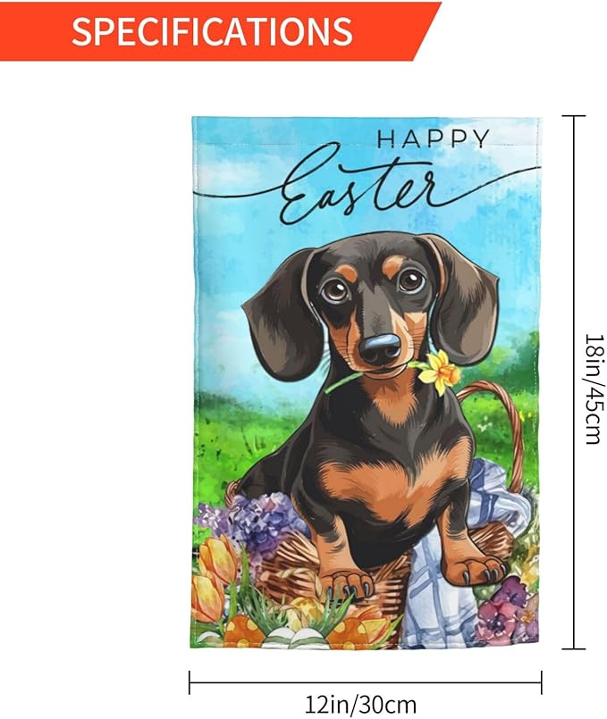 Flower Dachshund Dog Happy Easter Bunny Cute Egg Garden Flag Welcome Party Outdoor Outside Decorations Picks Home House Garden Yard Decor 12x18 Inch