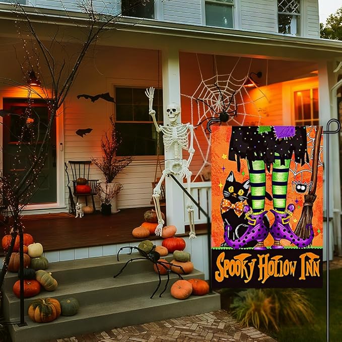 Halloween Black Cat Garden Flags for Outside 12x18 Inch Double Sided Burlap, Spooky Hollow Inn Welcome Sign Small Flag Farmhouse Holiday Yard Lawn Outdoor Decorations DF874