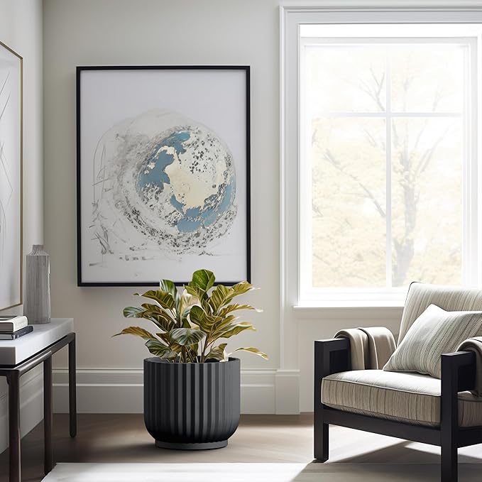 Kante Round Fulted Planter, 16.7 Inch Dia Large Concrete Plant Pots with Drainage Hole and Rubber Plug, Modern Decor for Indoor Outdoor Plants, Flower, Black