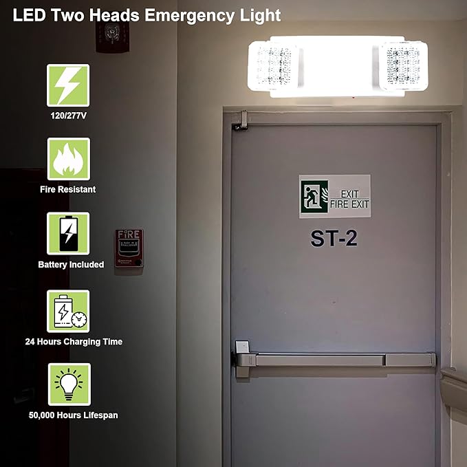LIT-PaTH LED Emergency Lighting Fixtures with 2 LED Heads and Back Up Batteries- US Standard Exit Light, UL 924 and CEC Qualified, 120/277 Voltage, 4-Pack