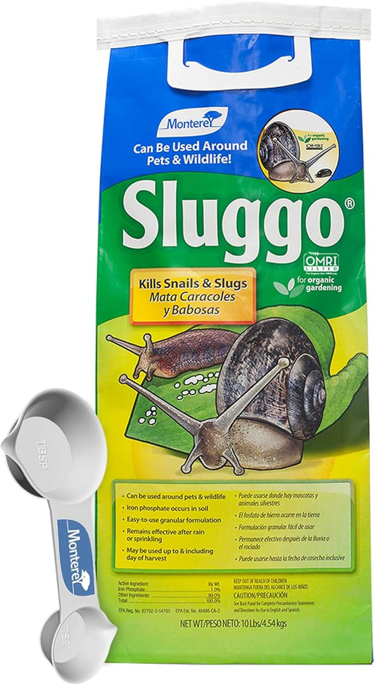 Monterey Sluggo Snail & Slug Killer Bundled with Measuring Spoon - OMRI Listed for Organic Gardening - Wildlife and Pet Friendly - 10 lb Bag