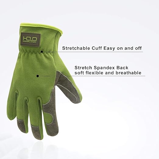 HLDD HANDLANDY Leather Work Gloves for Men & Women, Cowhide Gardening Gloves Utility Work Gloves, Mechanic Construction Driver Gloves (M, Green)