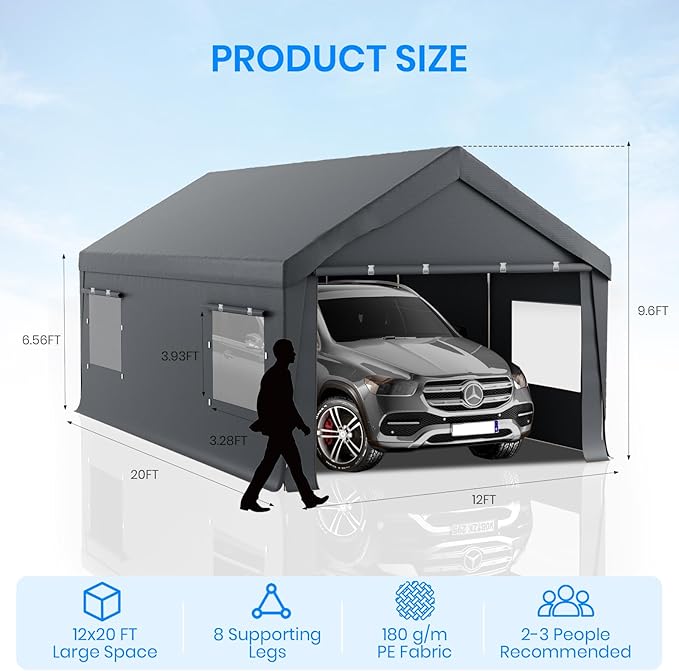 Carport 12x20 FT Heavy Duty,Outdoor Portable Garage with Removable Sidewalls & Doors, Waterproof, UV-Resistant Canopy Shelter for Vehicles, Boats, RVs, Trucks, All-Season Car Port, Gray