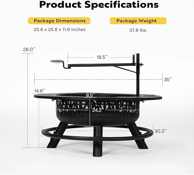VIVOHOME 35 Inch Fire Pit with Cooking Grill Grate & Charcoal Pan, 3-in-1 Wood Burning Firepits with Cover Lid, Metal Table for Backyard Bonfire BBQ Outdoor Camping Picnic