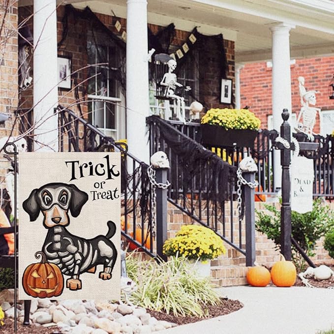 Halloween Trick or Treat Garden Flag Ghost Dog 12x18 Inch Small Double Sided Burlap Welcome Yard Dachshund Skeleton Outside Decorations DF342
