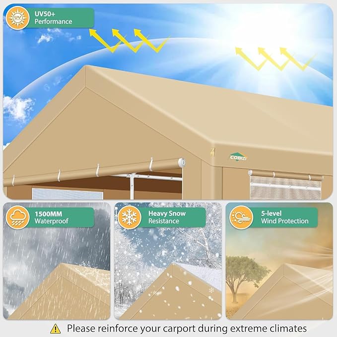 COBIZI Carport 12x20ft Heavy Duty Portable Garage, 2.0 Powder Coated Frame(Better Than Galvanized), Waterproof Shelter with Removable Sidewalls & Windows, Built-in Sandbags, for Car/Boat/SUV, Khaki