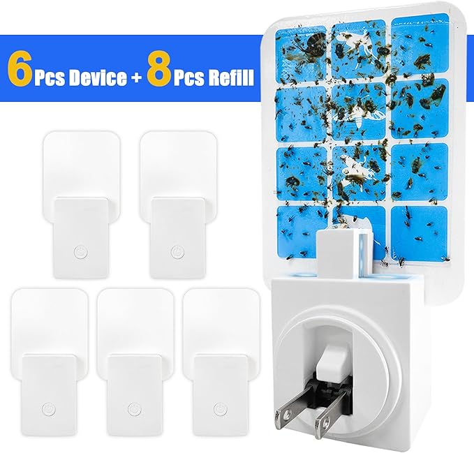 Plug in Indoor Fly Trap for Gnat Moth Houseflies Fruit Flies, Blue Light Bug Light Trap Compatible with Safer Home Indoor Fly Trap Refill, Mosquito Flying Insect Trap, 6 Device+8 Refill