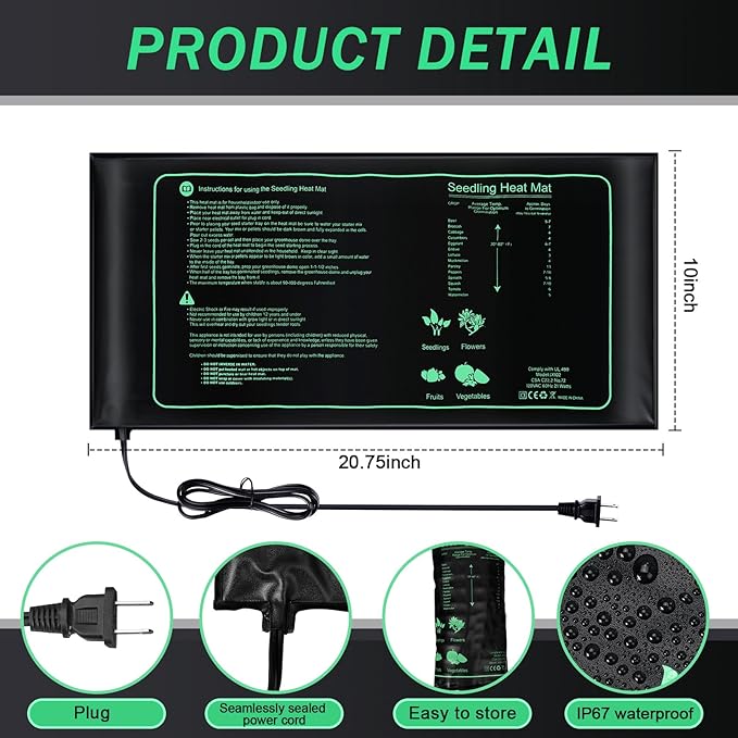 ROCEEI 10 Pack Durable Seedling Heat Mat 10 x 20.75 Waterproof Plant Heating Pad Warm Hydroponic Grow Mat for Greenhouse Grow Seed Starting Plant Germination (Black,Green)