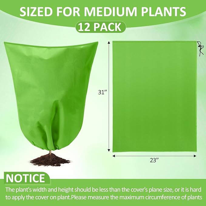 12 Packs Winter Plant Covers Freeze Protection Drawstring Tree Cover 23.62 x 31.5 in Large Reusable Frost Protection for Plants Fruit Tree Shrub, Outdoor Prevention Bag (Light Green)