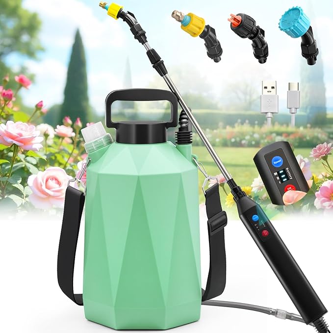 Battery Powered Sprayer 1.35Gallon/5L, 2025 Upgraded Electric Sprayer in Lawn and Garden with 3 Adjustable Force, Battery Indicator, Rechargeable Handle, Telescopic Wand,3 Mist Nozzles,Shoulder Strap