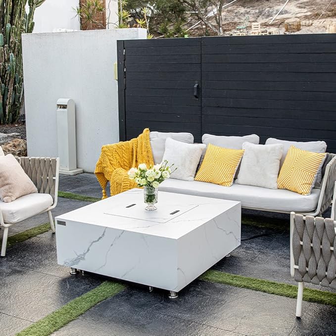 Bianco Marble Fire Pit 39.4" x 39.4" Outdoor Patio Firepit Includes Fire Glass Modern Fire Pits & Outdoor Fireplaces for Garden, Deck, Indoor & Outdoor Heating