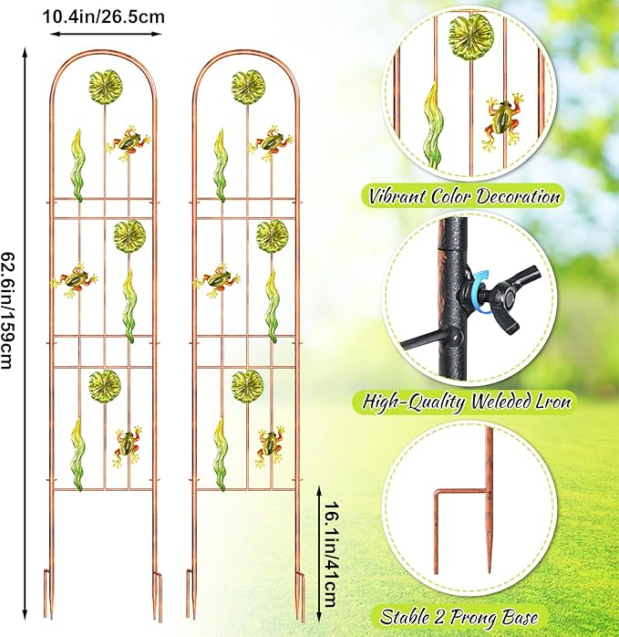 2Pcs Metal Garden Trellis, Arched Fence Trellis Plant Support Trellises, Supporting Plants Outdoor Decoration for Climbing Plants Lawn Yard Patio Backyard Wall Brackets (Frog)