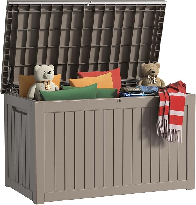 230 Gallon Outdoor Storage Box Waterproof, UV Resistant Resin Deck Box with Hydraulic Rod, Reinforced Stability for Patio, Garden, Striped Gray