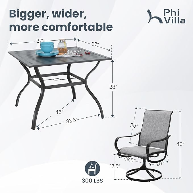 PHI VILLA 5 PCS Patio Dining Set with Outdoor Swivel Dining Chairs (Gray) and 37"x 37" Metal Steel Dining Table, All Weather Patio Dining Furniture Set for Poolside Deck Lawn Garden